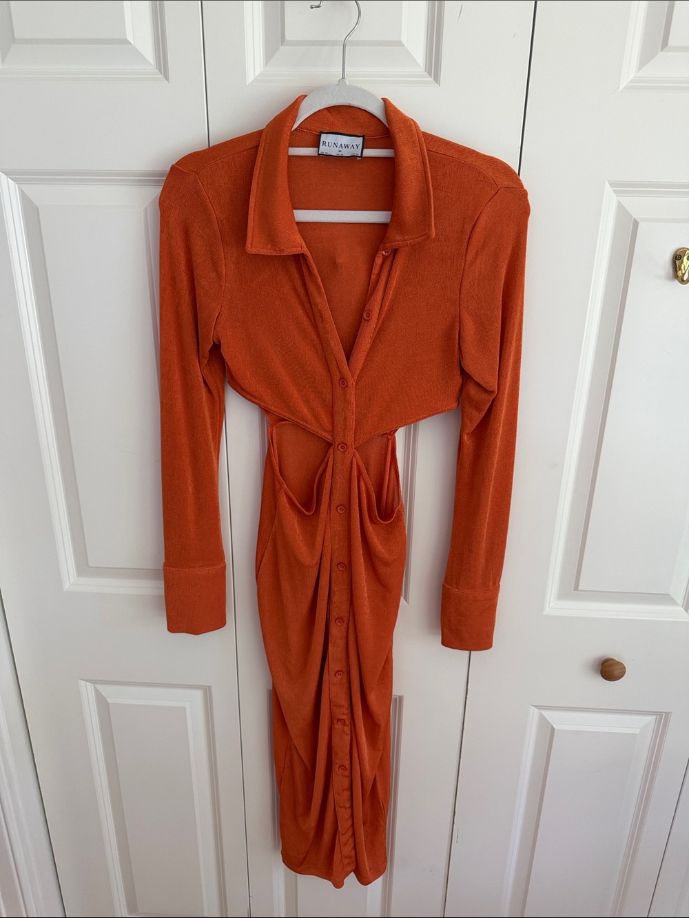 Orange Long-Sleeve Button-Front Midi Dress